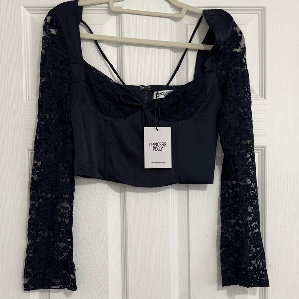 Princess Polly Navy Lace Long Sleeve Crop Top